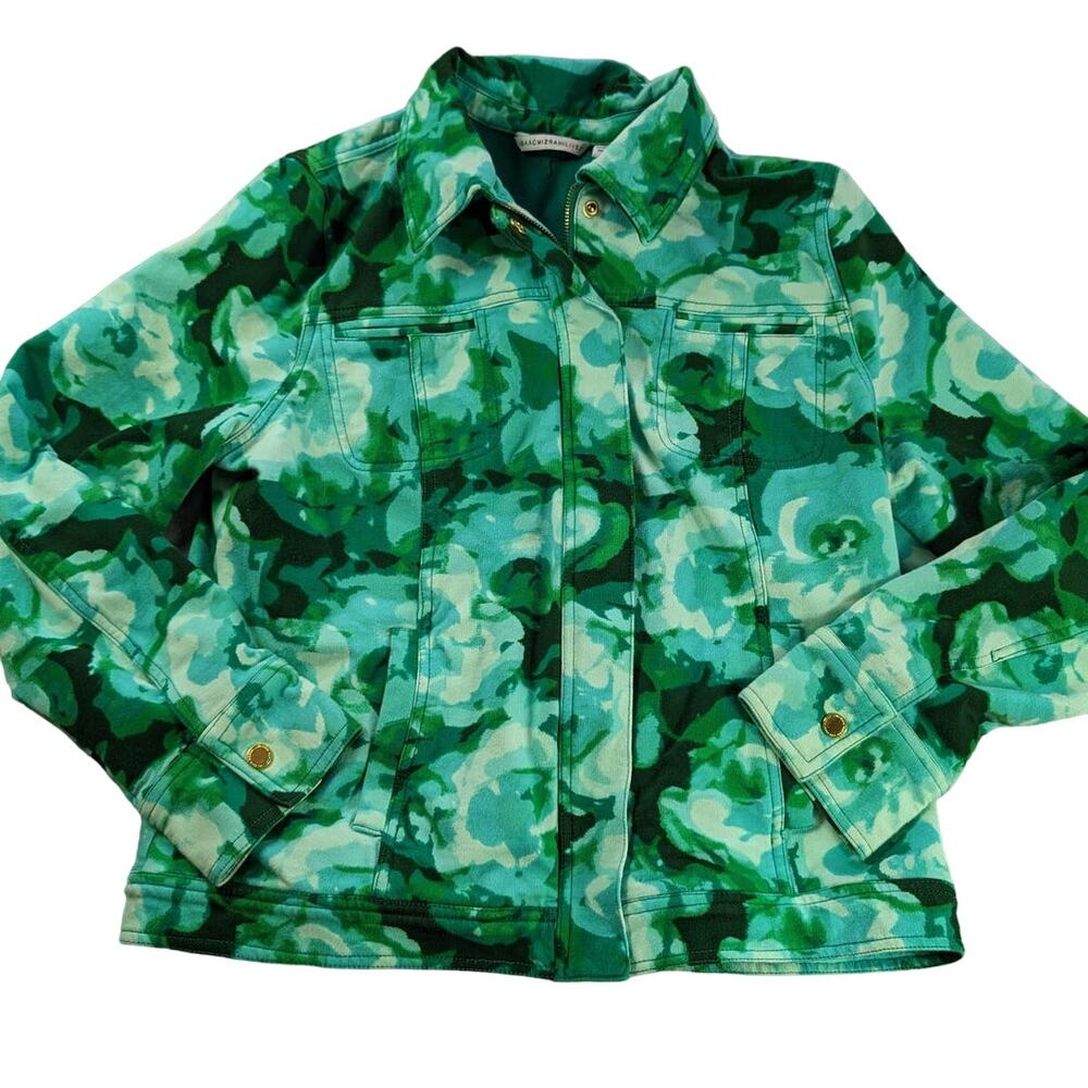 Isaac Mizrahi Green Floral Knit Stretch Zip Jacket Large